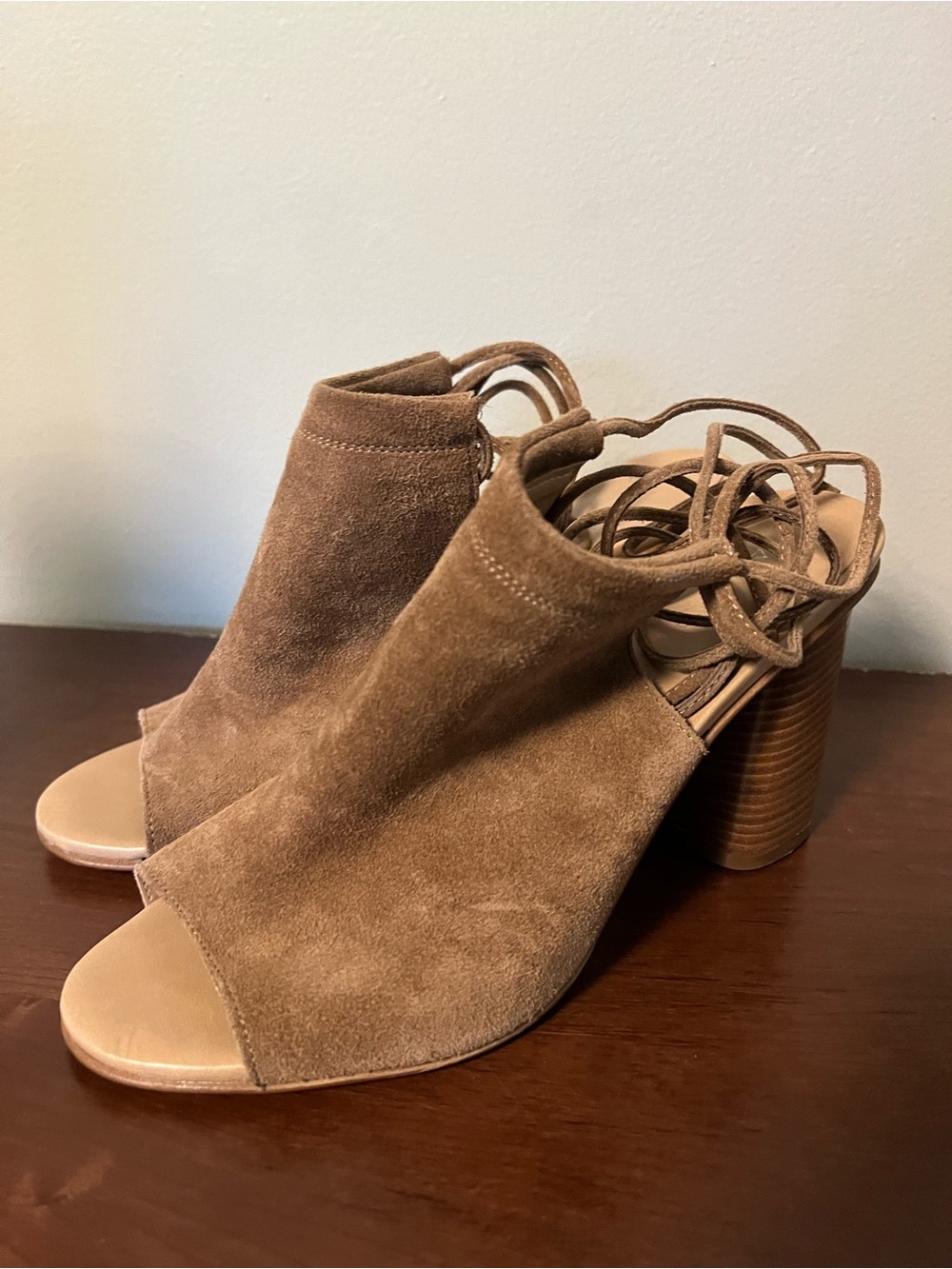 Aldo Tan Suede Peep-Toe Lace-Back Block Heels
